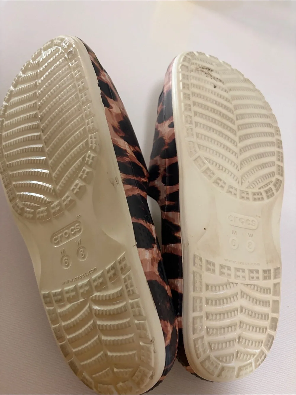 CROCS Leopard Print Slide Sandals in Brown and Black with Cream Footbed